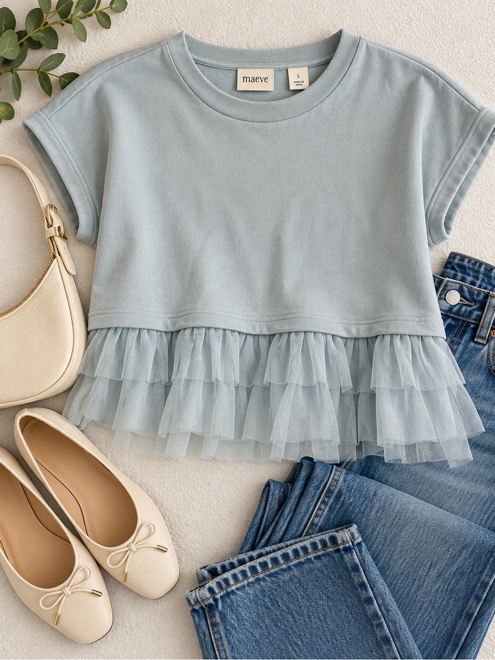 Maeve Pale Blue Short Sleeve Tee with Layered Tulle Hem